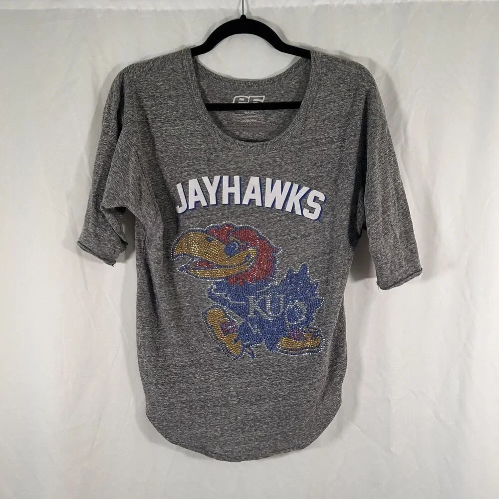 Kansas Jayhawks Shirt Women's Medium Grey Bedazzled Crew Neck Cotton Blenf